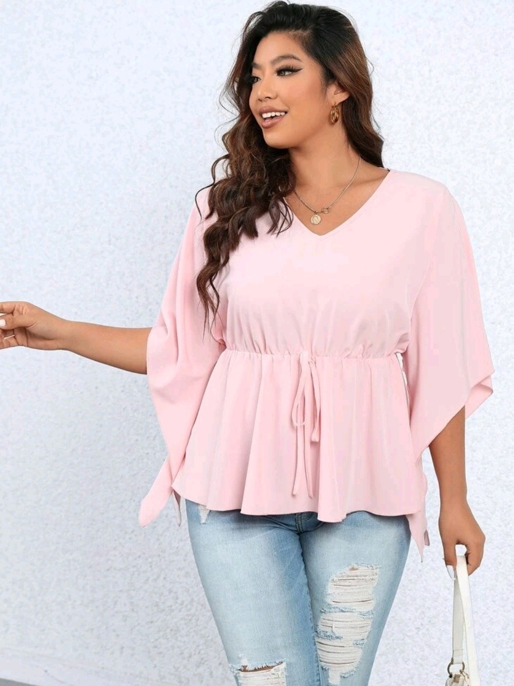 Light Pink V-Neck Drawstring Peplum Top - Women